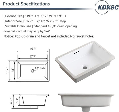 20 Inch Undermount Bathroom Sink Rectangular White,Flat Overflow Type | Ceramic Under Counter Bathroom Sinks Three-hole design (19.8"x 13.7")
