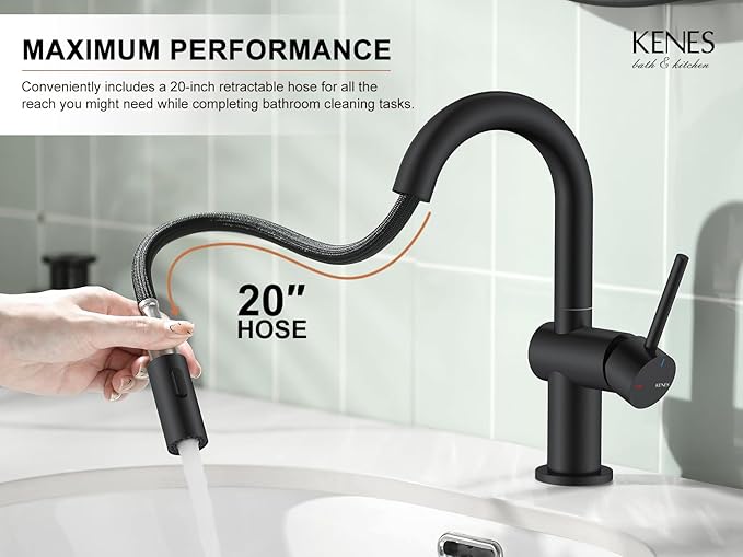 KENES Pull Down Bathroom Faucet with Sprayer, Matte Black Single Handle Bathroom Sink Faucet with Pull Out Sprayer, Vanity Bar Faucet with Pop Up Drain & Deck Plate, KE-9065B-2