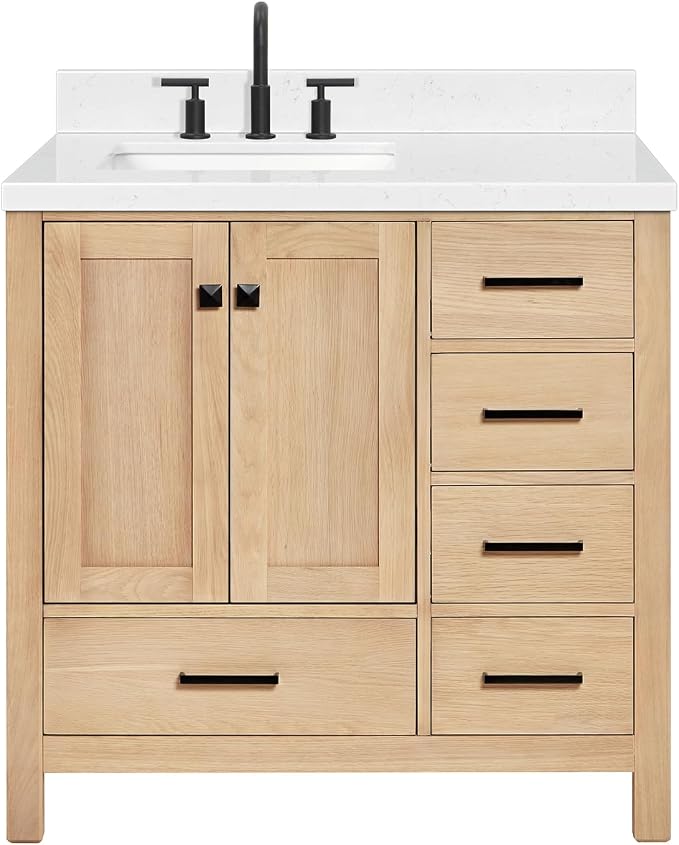 ARIEL 36 inch Bathroom Vanity top with Sink, 1.5 Inch Thick Miter Edge Carrara White Quartz top, Left Offset Vanity top with Rectangle Porcelain Sink, Includes Backsplash