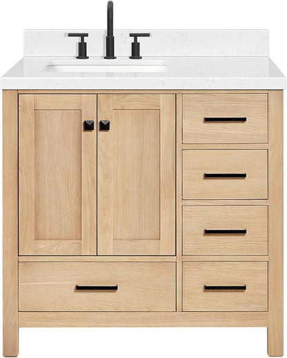 ARIEL 36 inch Bathroom Vanity top with Sink, 1.5 Inch Thick Miter Edge Carrara White Quartz top, Left Offset Vanity top with Rectangle Porcelain Sink, Includes Backsplash