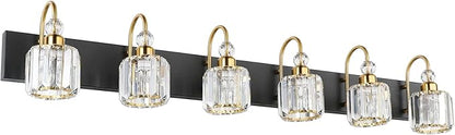 Ralbay Crystal Vanity Lights 6-Lights Modern Crystal Bathroom Vanity Lights Over Long Mirror Modern Black Gold Bathroom Vanity Lighting Fixtures