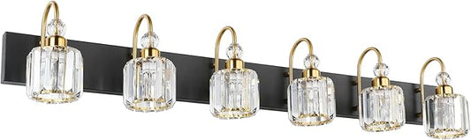 Ralbay Crystal Vanity Lights 6-Lights Modern Crystal Bathroom Vanity Lights Over Long Mirror Modern Black Gold Bathroom Vanity Lighting Fixtures