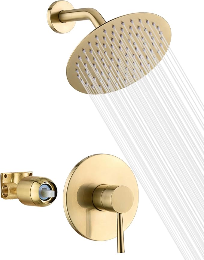 SUMERAIN Bathroom Brushed Gold Shower Faucet Set 8 Inches | Stainless Steel High Pressure Rain Shower Head, Solid Brass Rough In Valve, Single Handle, Modern