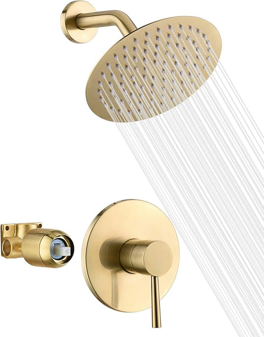 SUMERAIN Bathroom Brushed Gold Shower Faucet Set 8 Inches | Stainless Steel High Pressure Rain Shower Head, Solid Brass Rough In Valve, Single Handle, Modern