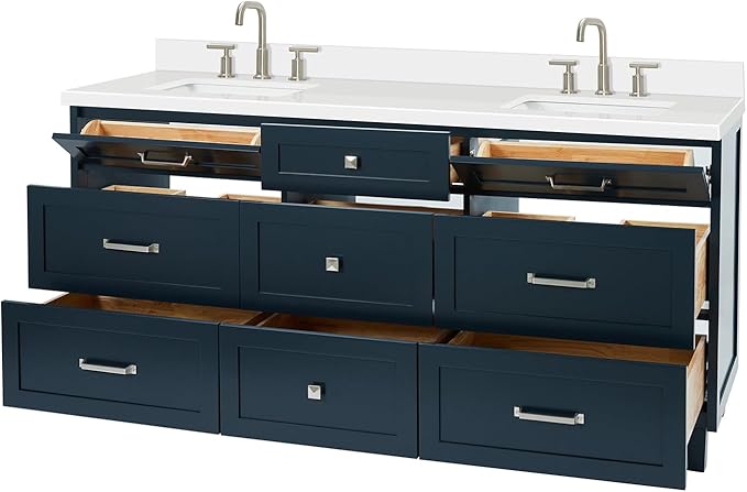 ARIEL Monroe 72-inch Bathroom Vanity with Sink,Solid Wood, 1.5-inch Pure White Quartz Countertop & Backsplash, Double Oval Porcelain Sink, 9 Dovetail Drawers, Brushed Nickel, Midnight Blue