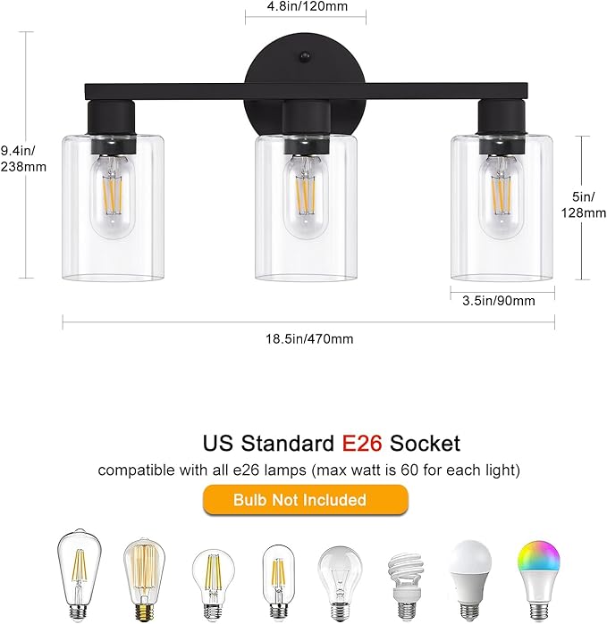 Bathroom Vanity Light Bathroom Light Fixtures Vanity Lights for Bathrrom Light Fixtures with Clear Glass Shade for Bath 3 Light (Black)