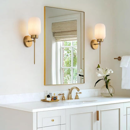 Gold Bathroom Wall Sconce, 1-Light Single Bathroom Vanity Light, Modern Brass Wall Sconce with Frosted Milk White Striped Glass Shade for Bedroom Hallway Entrance | Frosted Milk White Striped Glass Shade, Milk Glass Vanity Light for Bedroom Hallway Ent...