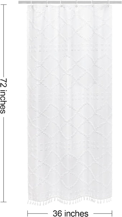 Stall White Boho Woven Fabric Shower Curtain with Tassel 36 x 72, Bohemia Tufted Chevron Striped Chic Textured, Waterproof Cloth Small Curtain for Bathroom, Modern Farmhouse Minimalist