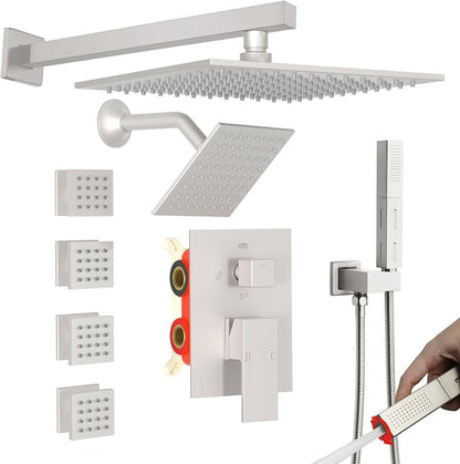 Enga Dual Heads Shower System with Body Jets, Shower Faucet Set 10 Inch Rainfall with 6 Inch Showerhead, 4 Body Jets with 2 in 1 Handheld Spray, Brushed Nickel