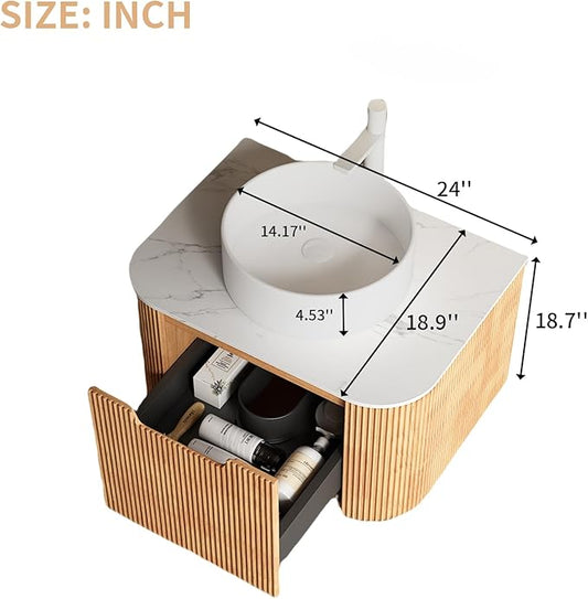 LKTART 24 Inch Floating Bathroom Vanity with Sink, Modern Wall Mounted Bathroom Storage Cabinet with Drawer, Round White Ceramic Sink Top and Marble Texture Top, Natural Wood