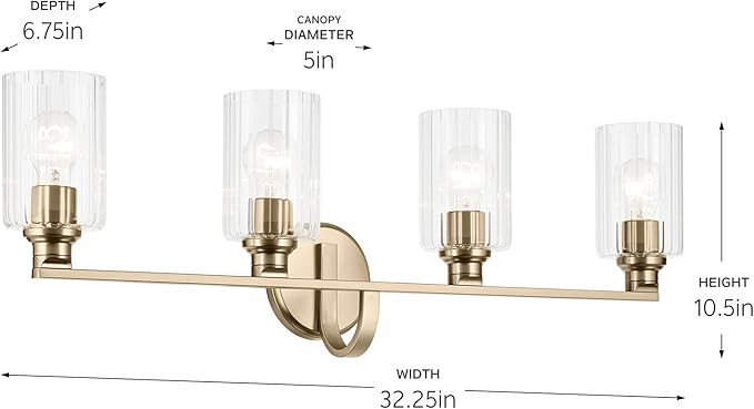 Kichler Gioe 32.25" 4-Light Vanity Light with Clear Fluted Glass in Champagne Bronze, Damp Rated, for Bathroom, Powder Room, Over a Mirror, (32.25" W x 10.5" H), 55227CPZFLU