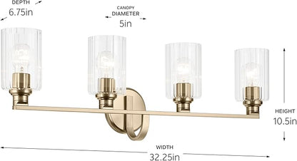 Kichler Gioe 32.25" 4-Light Vanity Light with Clear Fluted Glass in Champagne Bronze, Damp Rated, for Bathroom, Powder Room, Over a Mirror, (32.25" W x 10.5" H), 55227CPZFLU