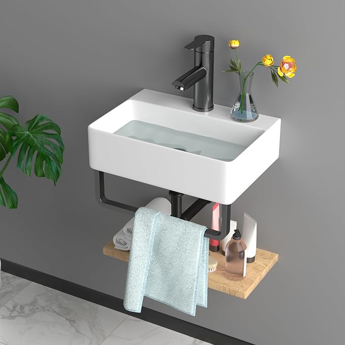 Floating Bathroom Sink Wall Mounted - 14"x10" Rectangular Vessel Sink With Black Faucet & Drain Combo Small Modern White Ceramic Porcelain Vessel Vanity Sinks