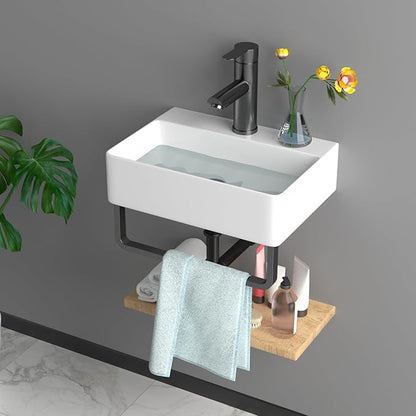 Floating Bathroom Sink Wall Mounted - 14"x10" Rectangular Vessel Sink With Black Faucet & Drain Combo Small Modern White Ceramic Porcelain Vessel Vanity Sinks