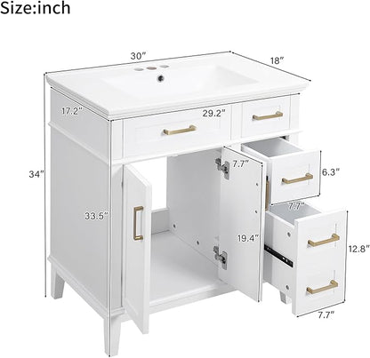 Favfurish 30" Bathroom Vanity with Ceramic Sink, Modern Storage Cabinet with Soft-Close Doors,Deep Drawer & Standard Drawer, Stylish Bath Vanity for Small Bathroom,Easy Assembly,White