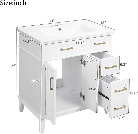 Favfurish 30" Bathroom Vanity with Ceramic Sink, Modern Storage Cabinet with Soft-Close Doors,Deep Drawer & Standard Drawer, Stylish Bath Vanity for Small Bathroom,Easy Assembly,White