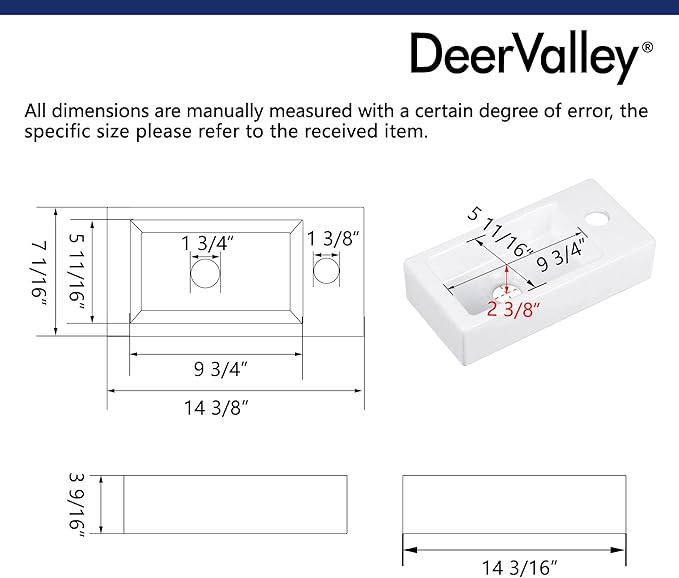 DeerValley DV-1V081RA Wall Mount Sink, Mini Rectangle Bathroom Sink, Small Bathroom Cloakroom White Ceramic Wash Basin without Overflow(Right Hand)
