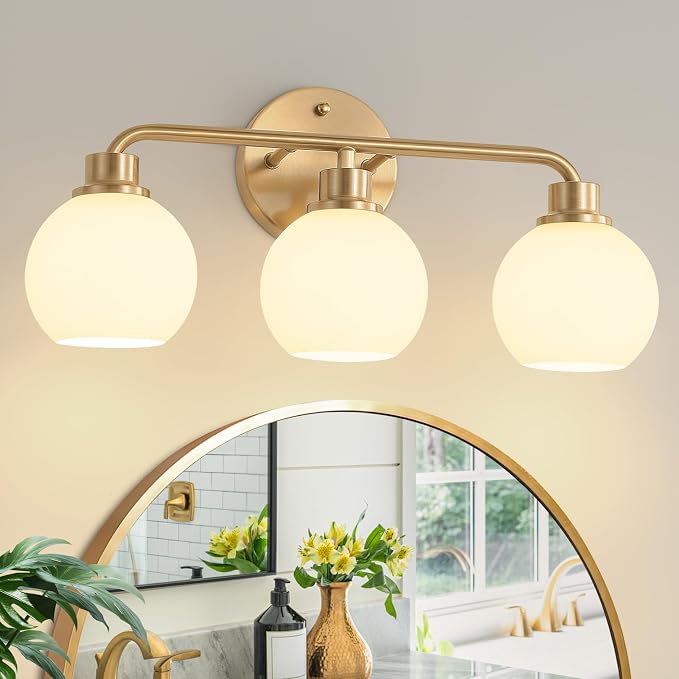 Bathroom Light Fixtures Gold Vanity Light 3 Light Brushed Brass | Wall Sconces Lighting with Milk Globe Glass Shades Bath Wall Lamp for Mirror Kitchen Living Room Bedroom Hallway