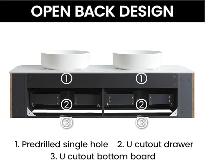 60" Preassembled Double Floating Bathroom Vanity with Round Sink, Oak | Mid-Century Modern Style, Fluted & Soft-Close Drawer with U-shaped Wall, Sinterted Stone Countertop, Towel Rack Included