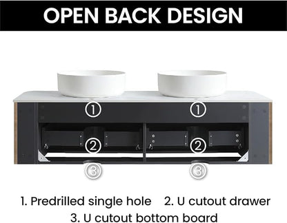 60" Preassembled Double Floating Bathroom Vanity with Round Sink, Oak | Mid-Century Modern Style, Fluted & Soft-Close Drawer with U-shaped Wall, Sinterted Stone Countertop, Towel Rack Included