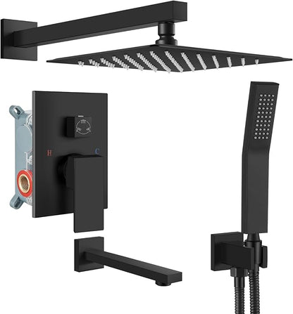 gotonovo Bathtub Shower Faucet Set, 10 Inch Shower Head, Matte Black | Wall Mounted Shower System with Tub Spout for Bathroom, Square High Pressure Rain Shower head with Handheld Spray, All Metal