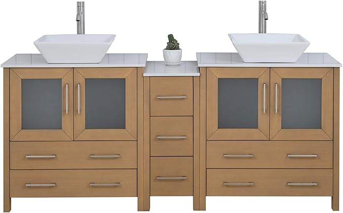 Vanity Art 72 Inch Vessel Double Sink Bathroom Vanity Cabinet with 2 Mirrors, Engineered Marble Top Bathroom Cabinet Compact Set with 7 Dovetail Drawers and Soft Closing Doors, VA3130-72NO