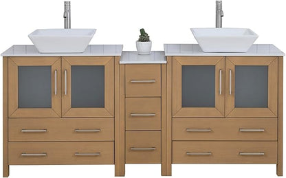 Vanity Art 72 Inch Vessel Double Sink Bathroom Vanity Cabinet with 2 Mirrors, Engineered Marble Top Bathroom Cabinet Compact Set with 7 Dovetail Drawers and Soft Closing Doors, VA3130-72NO