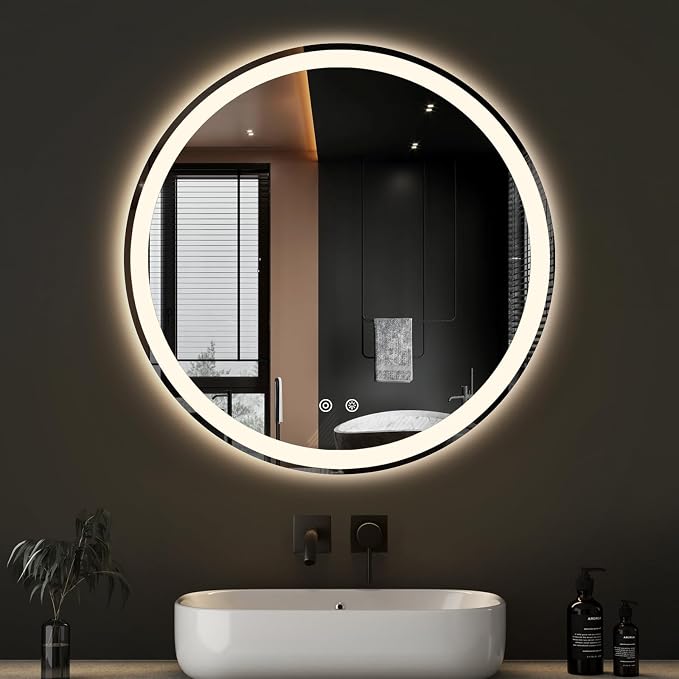 DUMOS 30 Inch Round LED Bathroom Mirror with Lights, Circle Vanity Mirror | Anti-Fog, Dimmable, 3-Color Light, Front Light and Backlit, Memory Function, Tempered Glass