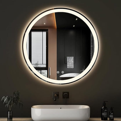 DUMOS 30 Inch Round LED Bathroom Mirror with Lights, Circle Vanity Mirror | Anti-Fog, Dimmable, 3-Color Light, Front Light and Backlit, Memory Function, Tempered Glass