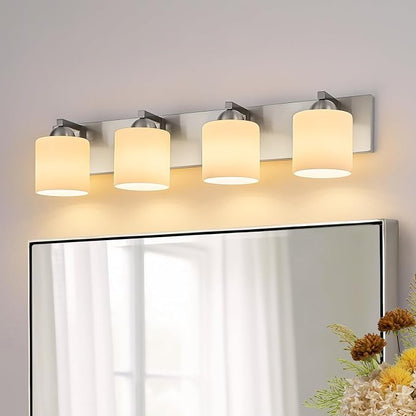 mirrea 4-Light Brushed Nickel Bathroom Vanity Light with White Glass Shades | makeup vanity illumination grooming station light over-sink wall lamp renovate remodel refresh decorate