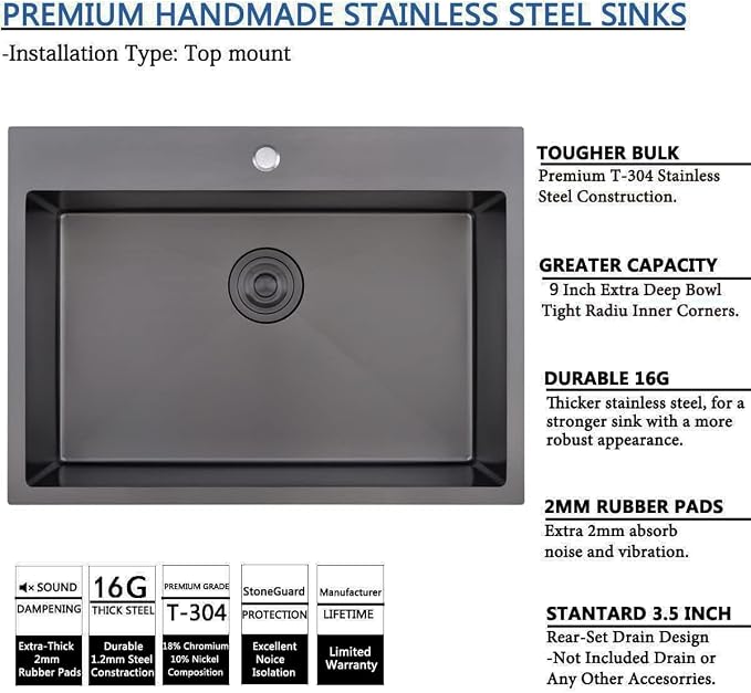 28 Inch Drop in Black Kitchen Sink, Gunmetal Black Top Mount Stainless Steel 9 Inch Deep Single Bowl Laundry Utility Wet Prep Sink