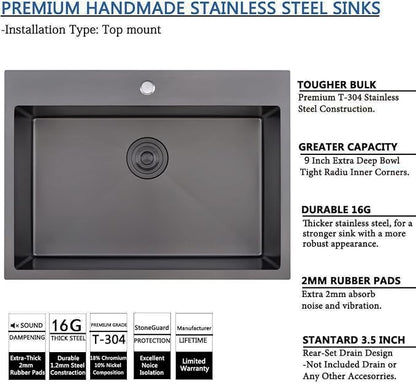 28 Inch Drop in Black Kitchen Sink, Gunmetal Black Top Mount Stainless Steel 9 Inch Deep Single Bowl Laundry Utility Wet Prep Sink