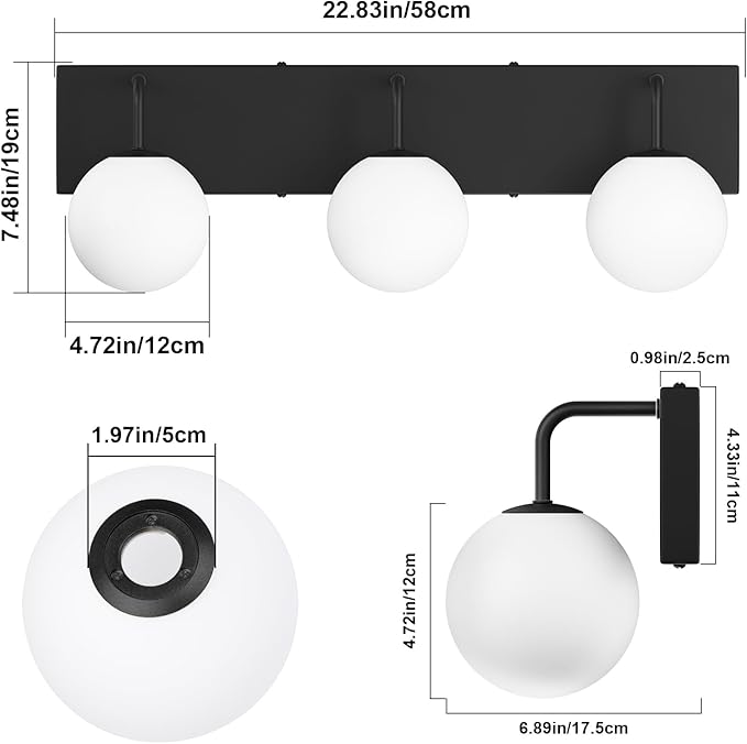 Tipace 3-Light Modern Black Bathroom Vanity Light Fixtures Over Mirror Mid Century Vanity Lights with Milk White Glass Globe Industrial Bath Lighting(Exclude Bulb)