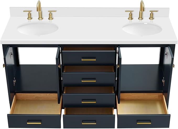 ARIEL Cambridge 66-inch Bathroom Vanity with Sink,Solid Wood, 1.5-inch Pure White Quartz Countertop & Backsplash, Double Oval Porcelain Sink, 4 Soft Closing Doors, 6 Dovetail Drawers, Midnight Blue