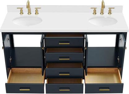ARIEL Cambridge 66-inch Bathroom Vanity with Sink,Solid Wood, 1.5-inch Pure White Quartz Countertop & Backsplash, Double Oval Porcelain Sink, 4 Soft Closing Doors, 6 Dovetail Drawers, Midnight Blue