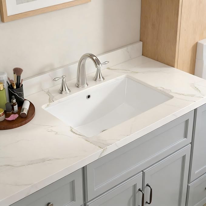 Lordear Rectangular Undermount Bathroom Sink 21x14 inch White Rectangle Bathroom Sinks Undermount White Porcelain Ceramic Lavatory Bathroom Vanity Sink with Overflow