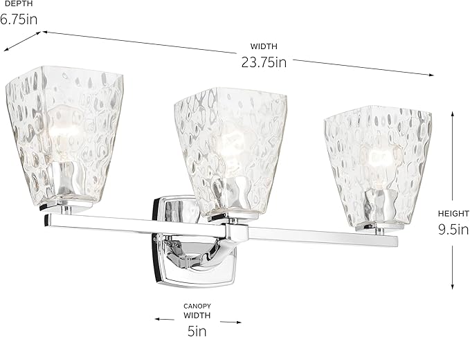 Kichler Marant 21.25" 3-Light Vanity Light with Clear Water Glass in Chrome, for Bathroom, Powder Room, Over a Mirror, (21.25" W x 9.5" H), 55216CHWTR