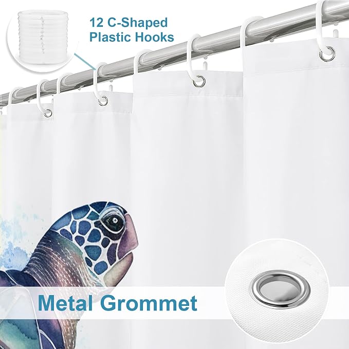 Funny Sea Turtle Shower Curtains Ocean Animal Cartoon Kids Theme Cloth Fabric Bathroom Decor Sets with Hooks Waterproof Washable 72W x 84H inches Teal Purple