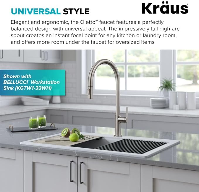 KRAUS Oletto High-Arc Tall Single Handle Pull-Down Kitchen Faucet in Spot Free Stainless Steel, Height 20 3/8 inch, KPF-2821SFS