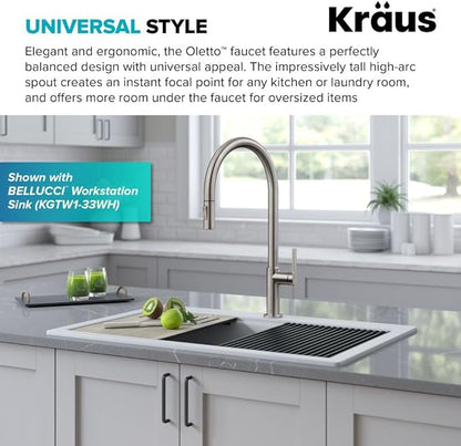 KRAUS Oletto High-Arc Tall Single Handle Pull-Down Kitchen Faucet in Spot Free Stainless Steel, Height 20 3/8 inch, KPF-2821SFS