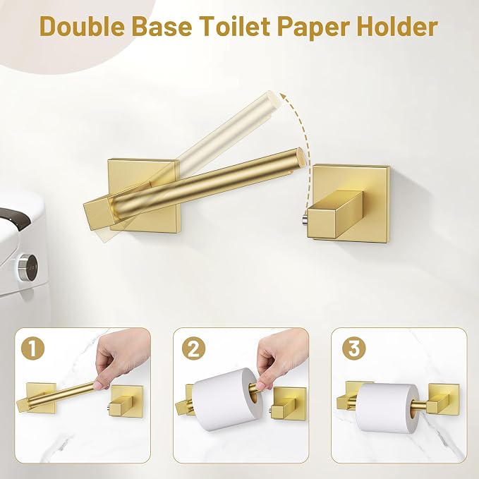 Lairuier Brushed Gold Bathroom Accessories, Towel Bar Set Wall Mounted | 5 Pieces Bathroom Hardware Set, SUS304 Stainless Steel Double Base 23.6" Towel Bar, Towel Ring, Toilet Paper Holder & Hooks