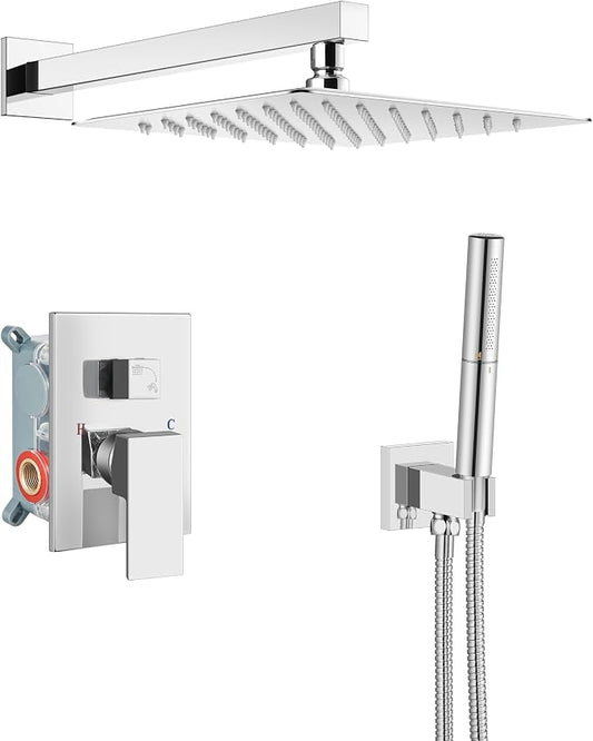 Aolemi Shower System with Rain Head and Handheld,12-Inch,Polish Chrome | High-Pressure Shower Faucet Set with Dual-Function Handheld,Rough-In Valve,1.8 GPM,Wall-Mount Trim Kit