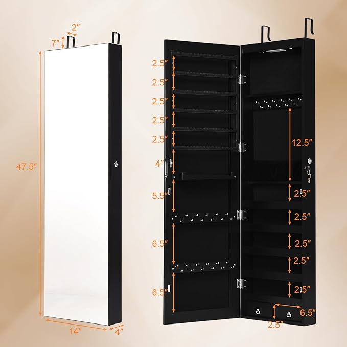 NAFORT 2 LEDs Jewelry Armoire with Full Length Mirror, 47.5" H Wall or Door Mounted Jewelry Cabinet with 2 Drawers, Lockable Jewelry Organizers and Storage, Hanging Jewelry Organizer, Black