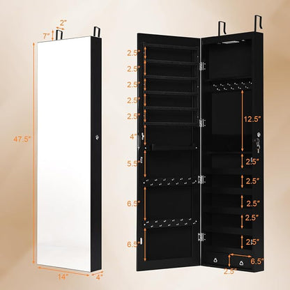 NAFORT 2 LEDs Jewelry Armoire with Full Length Mirror, 47.5" H Wall or Door Mounted Jewelry Cabinet with 2 Drawers, Lockable Jewelry Organizers and Storage, Hanging Jewelry Organizer, Black