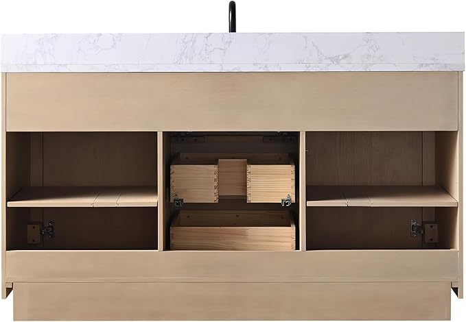 Vanity Art 60" Bathroom Vanity with Sink, Vanity Cabinet with Doors and Shelf, Modern Wood Bathroom Vanity with White Marble Top, Solid Wood Frame, 3 Functioning Drawers,VA70-60-SLW-E
