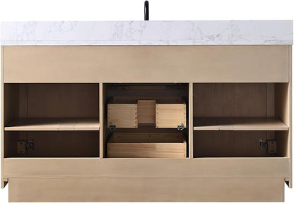 Vanity Art 60" Bathroom Vanity with Sink, Vanity Cabinet with Doors and Shelf, Modern Wood Bathroom Vanity with White Marble Top, Solid Wood Frame, 3 Functioning Drawers,VA70-60-SLW-E