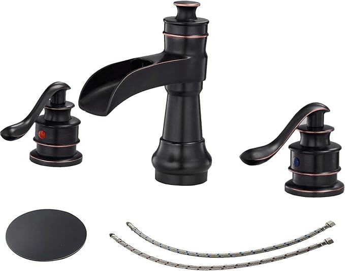 8 Inch 3 Hole Widespread Bathroom Sink Faucet Two Handle | Oil Rubbed Bronze,Waterfall Spout,with Pop Up Drain Stopper Assembly and Supply Lines,Farmhouse Vanity Mixer Tap,Lead-Free