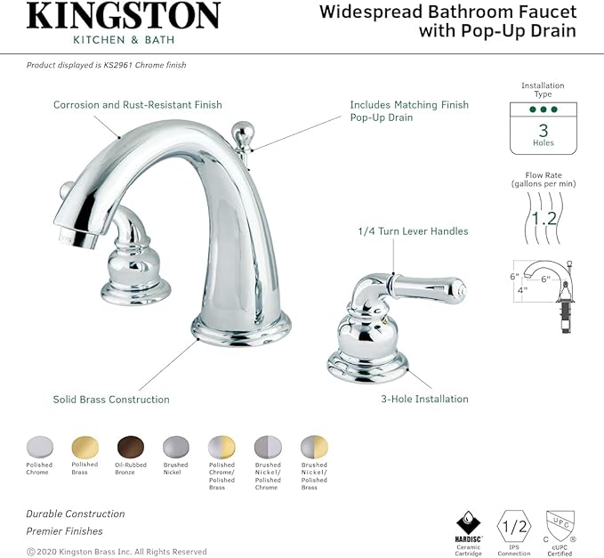 Kingston Brass KS2964 Naples Widespread Lavatory Faucet, Polished Chrome and Polished Brass, 8-Inch Adjustable Center