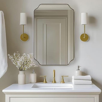 Brushed Gold Scalloped Bathroom Mirror, 26"x38" Rectangle Mirror | Rustproof Stainless Steel Frame, Anti-Corrosion HD Glass, Unique Notched Corners, Horizontal or Vertical, Ideal for Bathroom