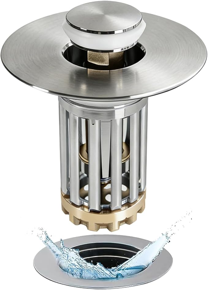 Anlige 3 in 1 Pop Up Bathroom Sink Stopper, Bathroom Sink Drain Strainer, with Removable Basket Hair Catcher, Universal Sink Plug Cover for 1.06 in to 1.6 in Drain, Brushed Nickel